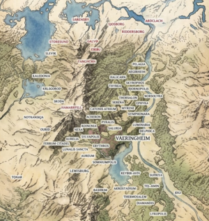 Map showing the locations of major and minor cities in Bassaridia Vaeringheim