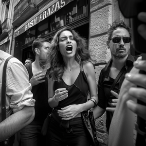 Valerie Villaneuve in a heated confrontation with paparazzi outside the popular Bash Frazas nightclub in Punta Santiago, ALD.