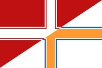 A diagonal combination of the flags of Amokolia and Batavia