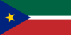 The flag of Western Niijima: a horizontal bicolor of green and red, with a thin white stripe in the middle, overlaid with a blue triangle and gold star at the hoist