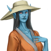 A woman with blue skin, black hair, and red eyes, wearing an orange robe and a straw hat