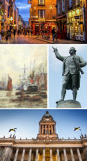 Clockwise, from top: Prince Llywelyn II street, statue of Prince Jack I, Harrow's Commons, home of the Cynulliad Cenedlaethol, the Port of Pentyre